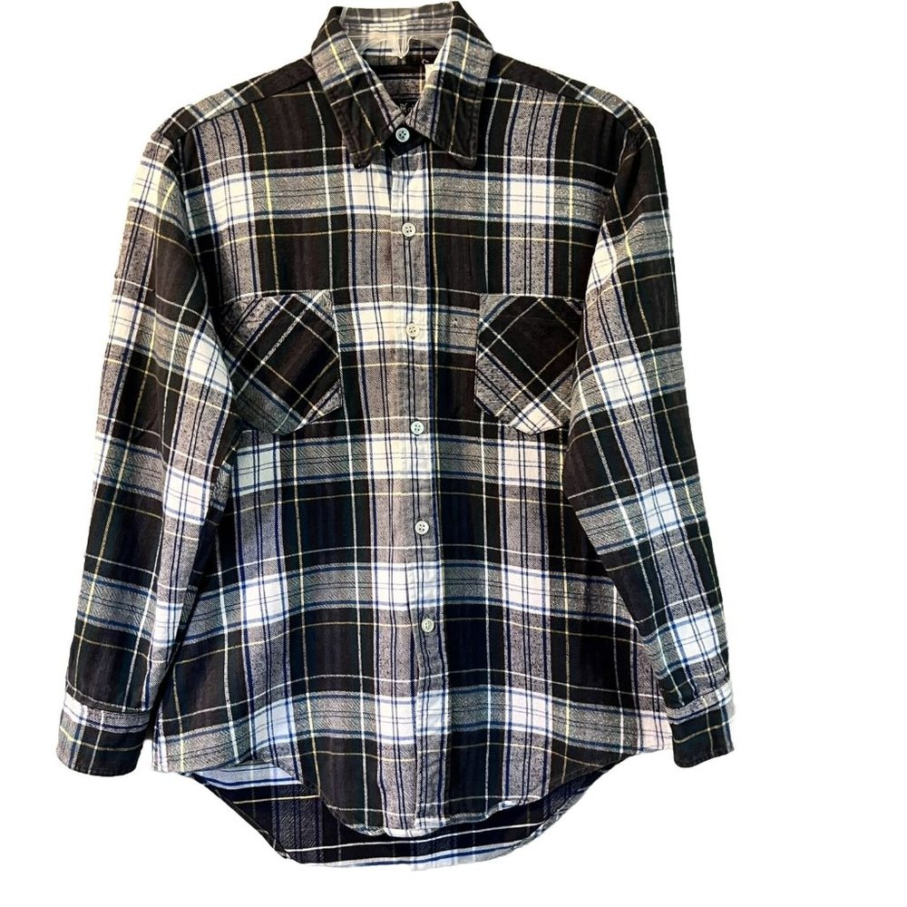 Royal Knight Men's Flannel Navy & White Plaid Button Down 100% Cotton Shirt Sz M